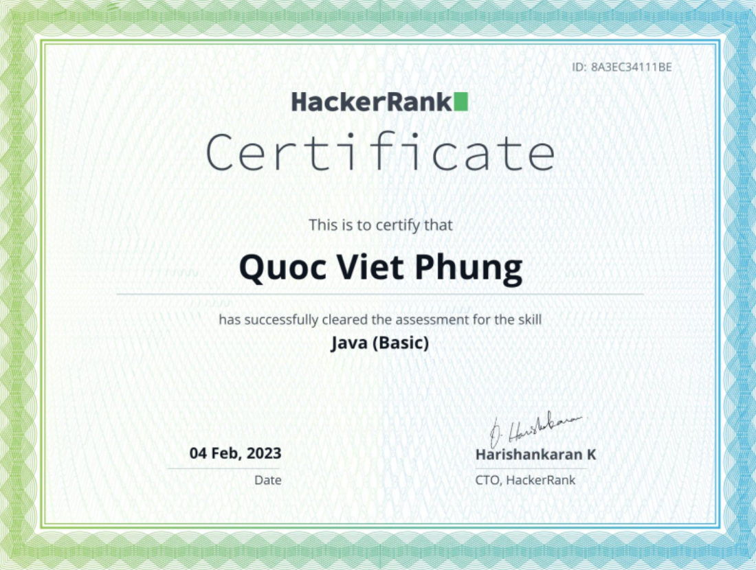 HackerRank Java Basic certificate