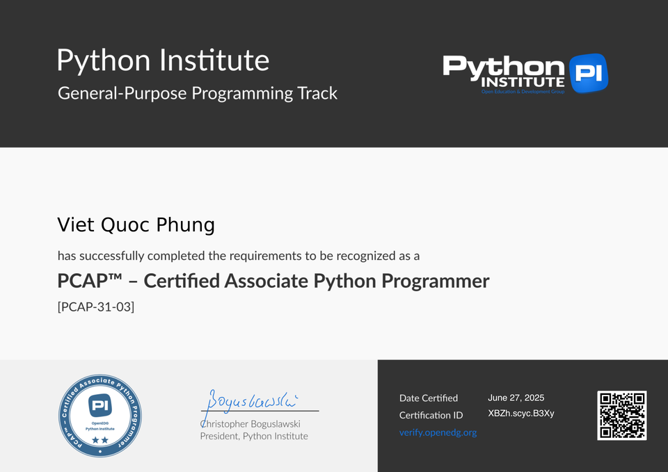 PCAP Certified Associate Python Programmer credential